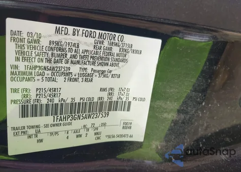 2010 Ford Focus Ses from USA, damaged, VIN 1FAHP3GN5AW237539